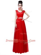 Coral Red Empire Chiffon Scoop Cap Sleeves Beading Floor Length Lace Up Homecoming Dress