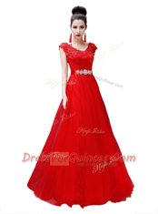 Coral Red Empire Chiffon Scoop Cap Sleeves Beading Floor Length Lace Up Homecoming Dress
