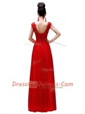 Coral Red Empire Chiffon Scoop Cap Sleeves Beading Floor Length Lace Up Homecoming Dress