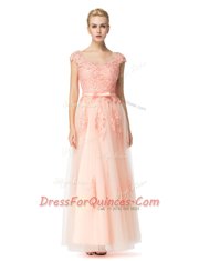 Peach Scoop Neckline Lace Cap Sleeves Zipper