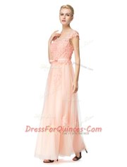 Peach Scoop Neckline Lace Cap Sleeves Zipper