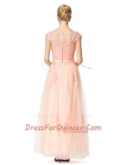 Peach Scoop Neckline Lace Cap Sleeves Zipper