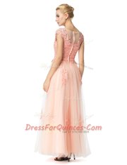 Peach Scoop Neckline Lace Cap Sleeves Zipper