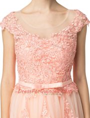 Peach Scoop Neckline Lace Cap Sleeves Zipper