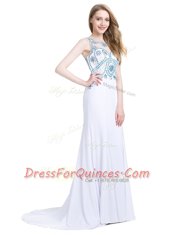 Scoop White Zipper Prom Party Dress Beading Sleeveless With Brush Train