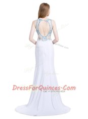 Scoop White Zipper Prom Party Dress Beading Sleeveless With Brush Train