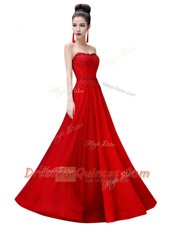 Gorgeous Strapless Sleeveless Prom Dresses Floor Length Beading Red Chiffon
