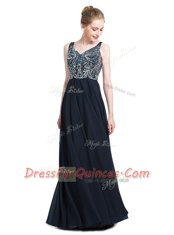 Black Column/Sheath Beading Prom Evening Gown Zipper Chiffon Sleeveless Floor Length