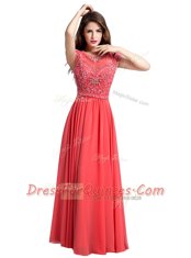 Scoop Cap Sleeves Chiffon Floor Length Zipper in Watermelon Red with Beading