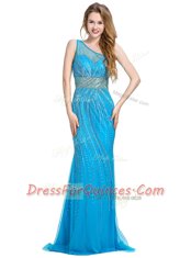 One Shoulder Baby Blue Tulle Zipper Prom Evening Gown Sleeveless With Brush Train Beading