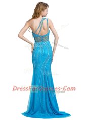 One Shoulder Baby Blue Tulle Zipper Prom Evening Gown Sleeveless With Brush Train Beading