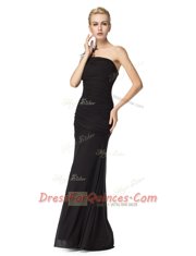 Dynamic One Shoulder Black Sleeveless Floor Length Ruching Zipper Prom Party Dress