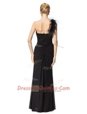 Dynamic One Shoulder Black Sleeveless Floor Length Ruching Zipper Prom Party Dress