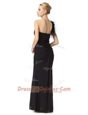 Dynamic One Shoulder Black Sleeveless Floor Length Ruching Zipper Prom Party Dress