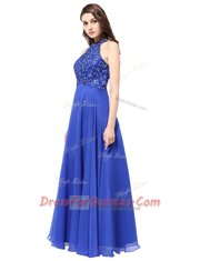 Blue Chiffon Backless Halter Top Sleeveless Floor Length Dress for Prom Beading and Lace
