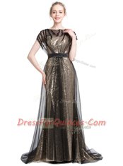 Black Short Sleeves Brush Train Beading With Train Prom Gown