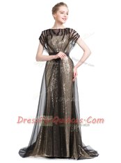 Black Short Sleeves Brush Train Beading With Train Prom Gown