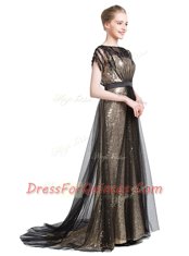 Black Short Sleeves Brush Train Beading With Train Prom Gown
