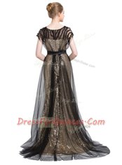 Black Short Sleeves Brush Train Beading With Train Prom Gown