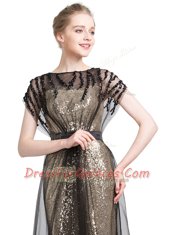 Black Short Sleeves Brush Train Beading With Train Prom Gown