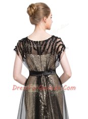 Black Short Sleeves Brush Train Beading With Train Prom Gown