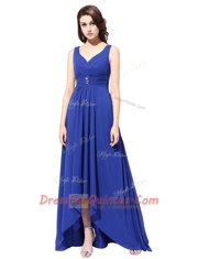 Admirable Chiffon V-neck Sleeveless Brush Train Zipper Ruching Prom Dress in Royal Blue