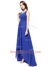 Admirable Chiffon V-neck Sleeveless Brush Train Zipper Ruching Prom Dress in Royal Blue