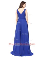 Admirable Chiffon V-neck Sleeveless Brush Train Zipper Ruching Prom Dress in Royal Blue