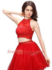 Pretty Coral Red Zipper High-neck Beading Organza Sleeveless