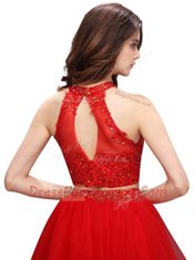 Pretty Coral Red Zipper High-neck Beading Organza Sleeveless