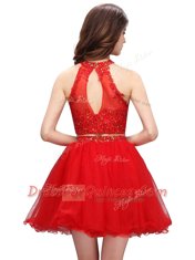Pretty Coral Red Zipper High-neck Beading Organza Sleeveless