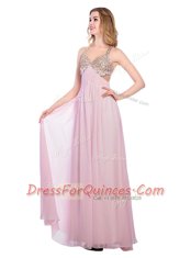 V-neck Sleeveless Tulle Prom Dresses Beading and Bowknot Criss Cross