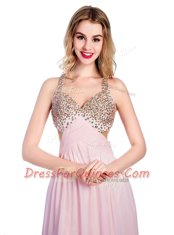 V-neck Sleeveless Tulle Prom Dresses Beading and Bowknot Criss Cross