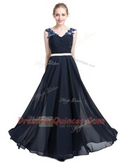 Navy Blue Prom Dresses Prom and Party and For with Beading V-neck Sleeveless Zipper