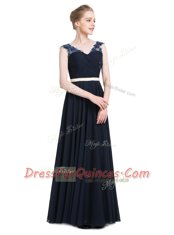 Navy Blue Prom Dresses Prom and Party and For with Beading V-neck Sleeveless Zipper
