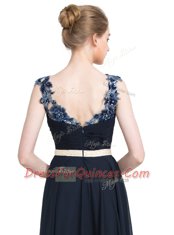 Navy Blue Prom Dresses Prom and Party and For with Beading V-neck Sleeveless Zipper