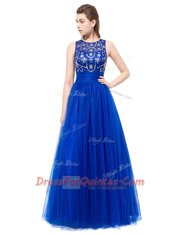 Flirting Scoop Royal Blue Empire Beading Dress for Prom Backless Tulle Sleeveless Floor Length