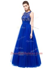 Flirting Scoop Royal Blue Empire Beading Dress for Prom Backless Tulle Sleeveless Floor Length