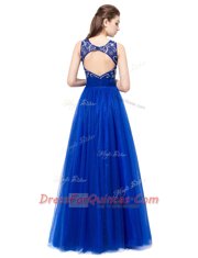 Flirting Scoop Royal Blue Empire Beading Dress for Prom Backless Tulle Sleeveless Floor Length