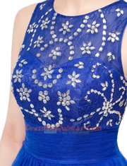 Flirting Scoop Royal Blue Empire Beading Dress for Prom Backless Tulle Sleeveless Floor Length