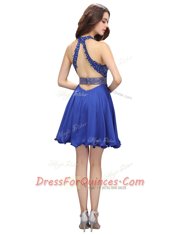 High End Royal Blue Criss Cross V-neck Beading and Belt Prom Dresses Chiffon Sleeveless