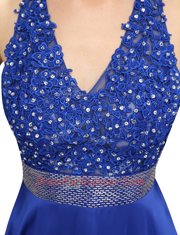 High End Royal Blue Criss Cross V-neck Beading and Belt Prom Dresses Chiffon Sleeveless