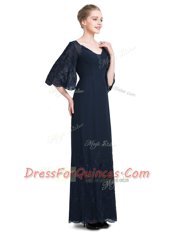 High End Floor Length Empire Half Sleeves Navy Blue Zipper
