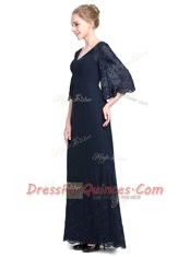 High End Floor Length Empire Half Sleeves Navy Blue Zipper