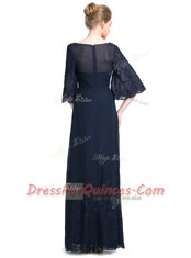 High End Floor Length Empire Half Sleeves Navy Blue Zipper
