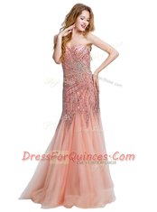 Great One Shoulder Peach Mermaid Beading Prom Party Dress Side Zipper Tulle Sleeveless Floor Length