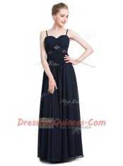 Fashionable Black Empire Spaghetti Straps Sleeveless Chiffon Floor Length Zipper Ruching Prom Dresses