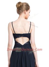 Fashionable Black Empire Spaghetti Straps Sleeveless Chiffon Floor Length Zipper Ruching Prom Dresses