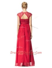 Scoop Sleeveless Evening Dress Floor Length Beading and Ruching Coral Red Organza