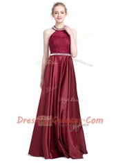 Beautiful Burgundy Column/Sheath Taffeta Halter Top Sleeveless Beading and Lace Floor Length Zipper Prom Gown